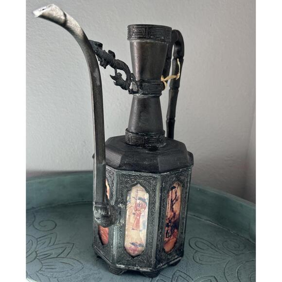 Antique Chinese 1910 Swatow Pewter 8 Panel Reverse Painted Glass Teapot, NO LID - Picture 7 of 13